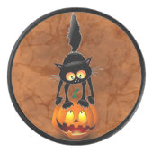Cat Halloween Scared Cartoon op pompoen Hockey Puck (Voorkant)