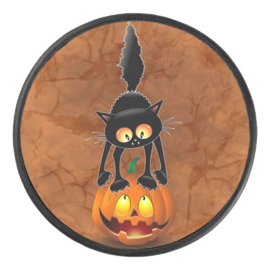Cat Halloween Scared Cartoon op pompoen Hockey Puck (Voorkant)