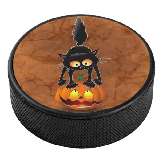 Cat Halloween Scared Cartoon op pompoen Hockey Puck (3/4)