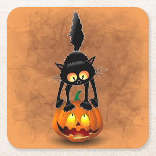 Cat Halloween Scared Cartoon op pompoen Kartonnen Onderzetters