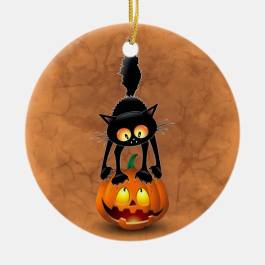 Cat Halloween Scared Cartoon op pompoen Keramisch Ornament (Voorkant)