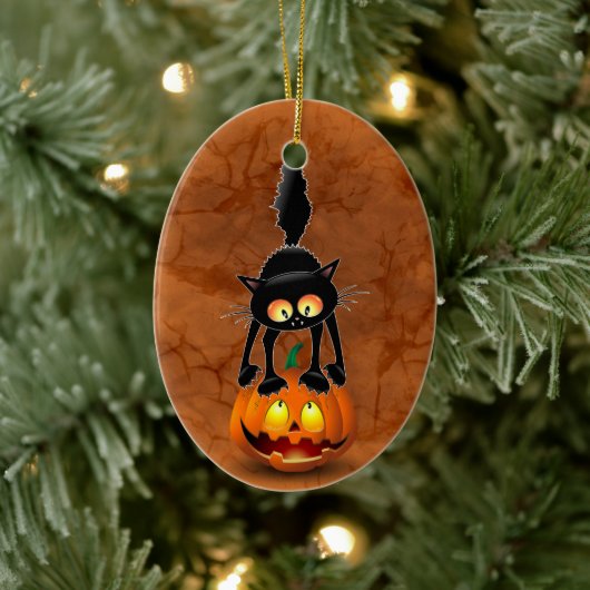 Cat Halloween Scared Cartoon op pompoen Keramisch Ornament (Boom)