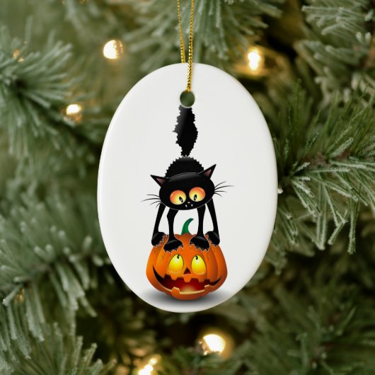 Cat Halloween Scared Cartoon op pompoen Keramisch Ornament (Boom)