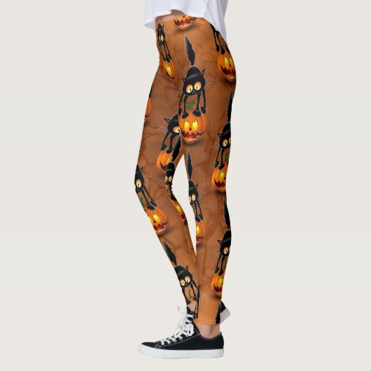 Cat Halloween Scared Cartoon op pompoen Leggings (Links)