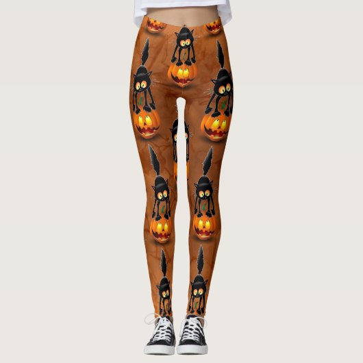 Cat Halloween Scared Cartoon op pompoen Leggings (Voorkant)