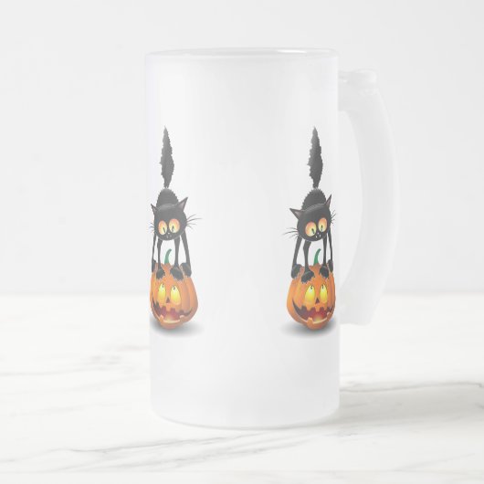 Cat Halloween Scared Cartoon op pompoen Matglas Bierpul (Voorkant rechts)