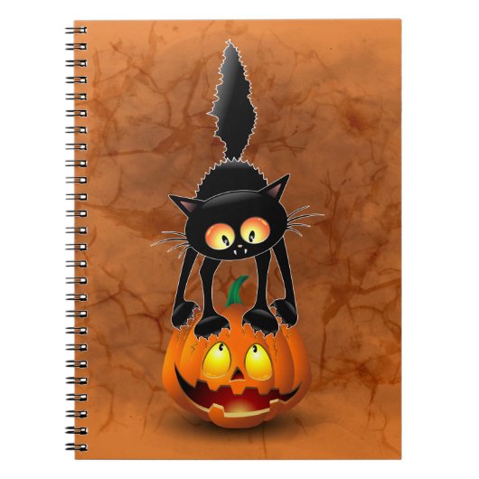 Cat Halloween Scared Cartoon op pompoen Notitieboek (Voorkant)