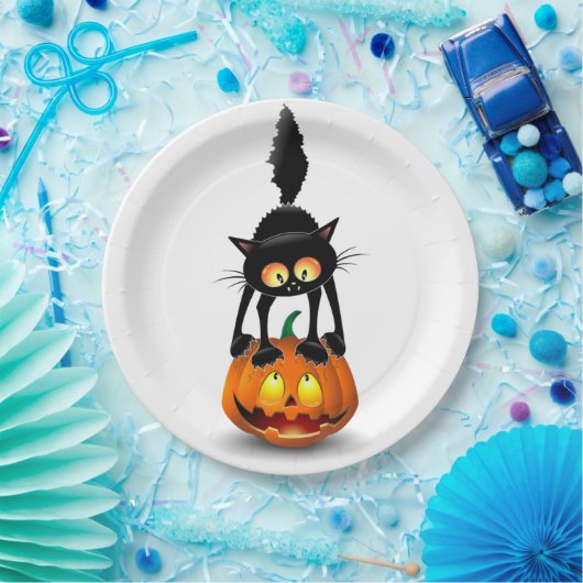 Cat Halloween Scared Cartoon op pompoen Papieren Bordje (Feest)