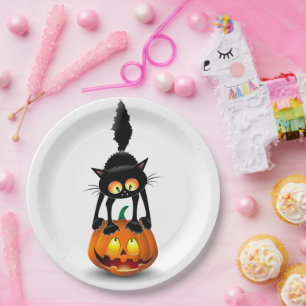 Cat Halloween Scared Cartoon op pompoen Papieren Bordje