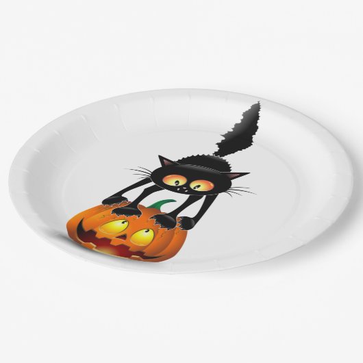Cat Halloween Scared Cartoon op pompoen Papieren Bordje (Gekanteld)