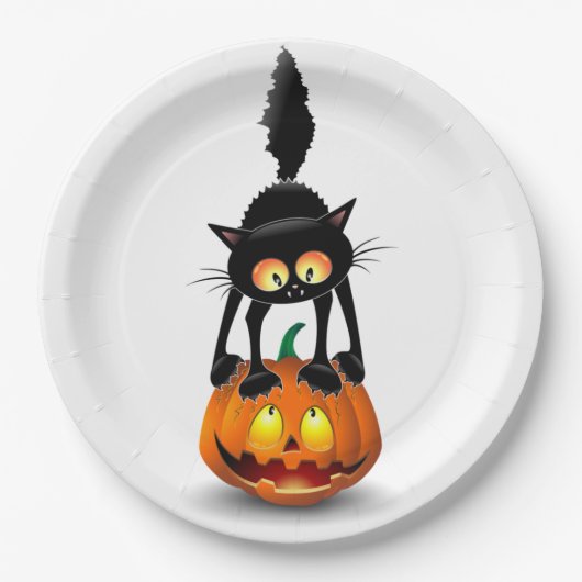 Cat Halloween Scared Cartoon op pompoen Papieren Bordje (Voorkant)