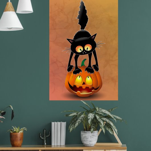 Cat Halloween Scared Cartoon op pompoen Poster (Woonkamer 1)