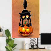Cat Halloween Scared Cartoon op pompoen Poster (Thuiskantoor)