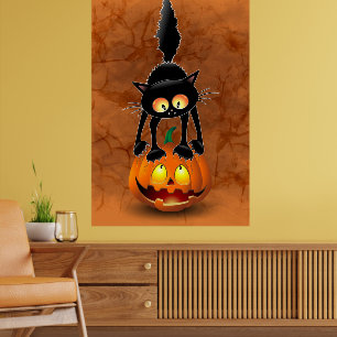 Cat Halloween Scared Cartoon op pompoen Poster