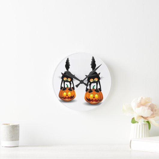 Cat Halloween Scared Cartoon op pompoen Ronde Klok (Huis)