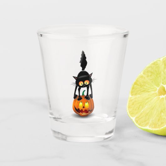 Cat Halloween Scared Cartoon op pompoen Shot Glas (Voorkant)