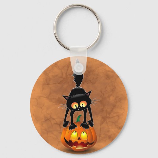 Cat Halloween Scared Cartoon op pompoen Sleutelhanger (Voorkant)