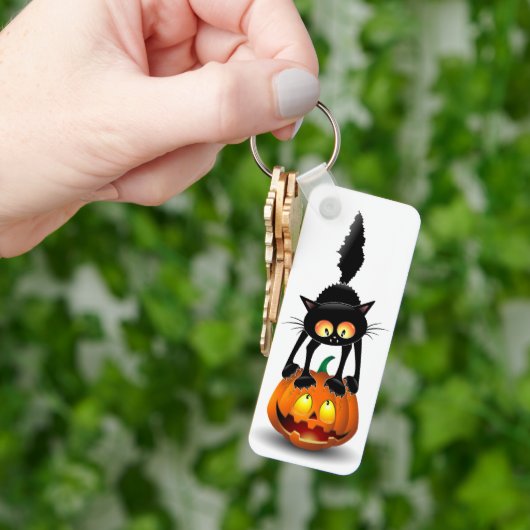 Cat Halloween Scared Cartoon op pompoen Sleutelhanger (Hand)