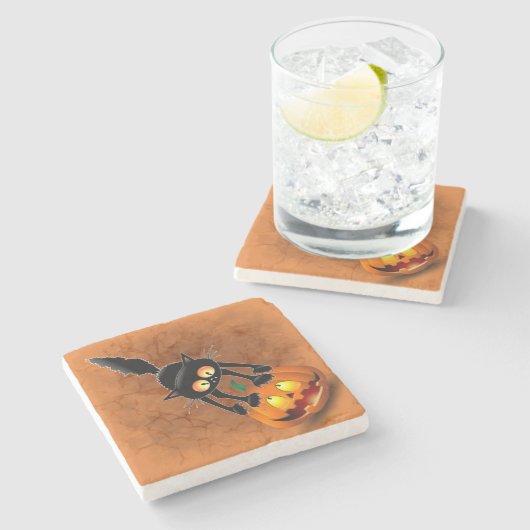 Cat Halloween Scared Cartoon op pompoen Stenen Onderzetter (Zijkant)