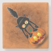 Cat Halloween Scared Cartoon op pompoen Stenen Onderzetter (Voorkant)