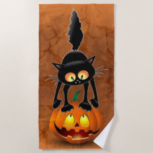 Cat Halloween Scared Cartoon op pompoen Strandlaken