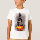 Cat Halloween Scared Cartoon op pompoen T-shirt (Voorkant)
