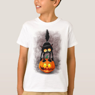 Cat Halloween Scared Cartoon op pompoen T-shirt