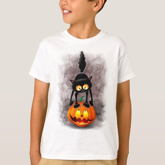 Cat Halloween Scared Cartoon op pompoen T-shirt (Voorkant)