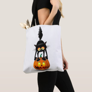 Cat Halloween Scared Cartoon op pompoen Tote Bag