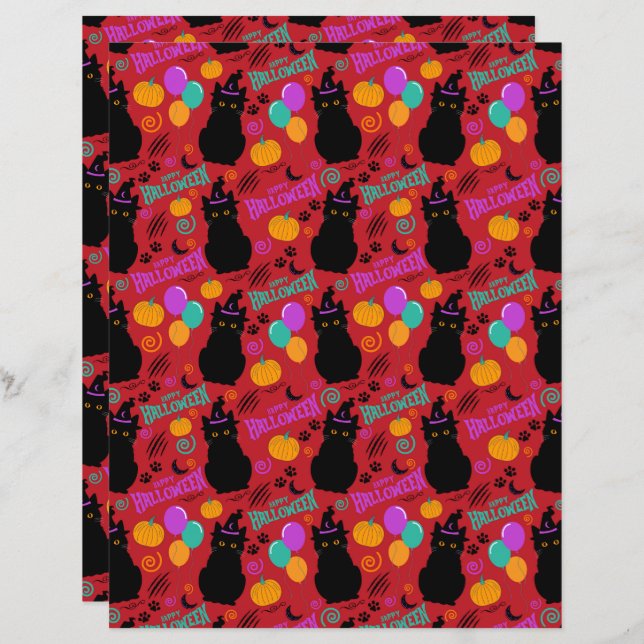 Cat Halloween Scrapbook Papier in Rood (Voorkant / Achterkant)