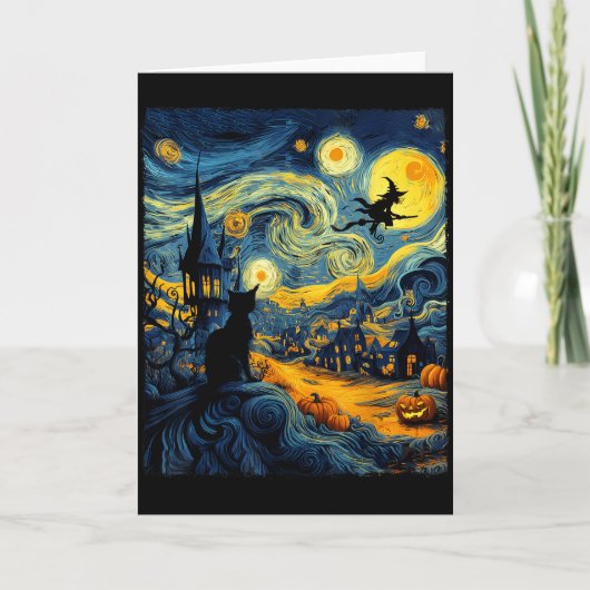 Cat Halloween Van Gogh Starry Night Pumpkin Men Wo Kaart (Voorkant)