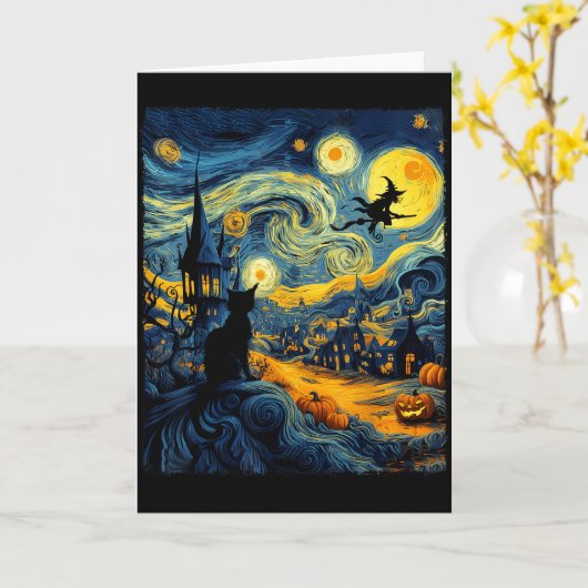 Cat Halloween Van Gogh Starry Night Pumpkin Men Wo Kaart (Gele Bloem)