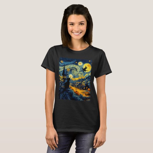 Cat Halloween Van Gogh Starry Night Pumpkin Men Wo T-shirt (Voorkant volledig)