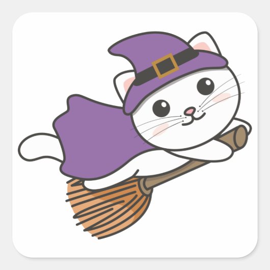 Cat Halloween Witch Kinder Witch Costume Square St Vierkante Sticker (Voorkant)
