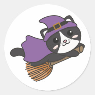 Cat Halloween Witch Kinderen Witch Costume Classic Ronde Sticker