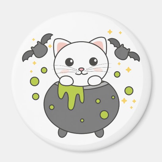 Cat Happy Halloween Cauldron Bat Magneet (Voorkant)