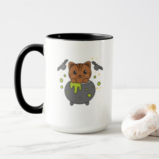 Cat Happy Halloween Cauldron Bat Mok (Met donut)