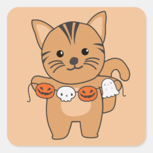 Cat Happy Halloween Pumpkin Bat Costume Square Sti Vierkante Sticker