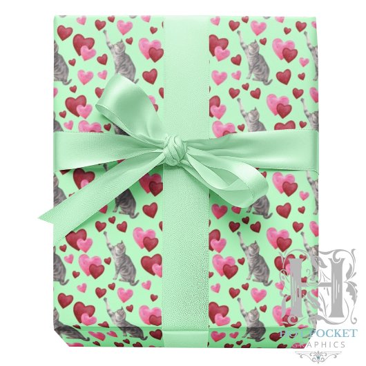 Cat Hearts Valentine Gift Wrapping Paper - Green Cadeaupapier