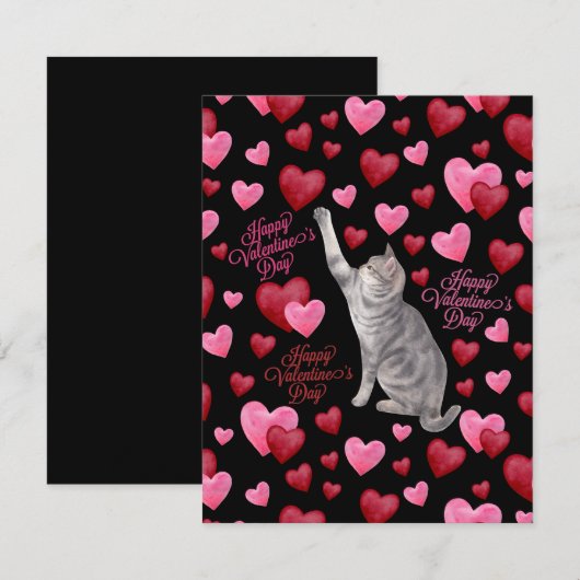 Cat Hearts Valentine’s Day Card in Black Notitiekaartje (Voorkant / Achterkant)