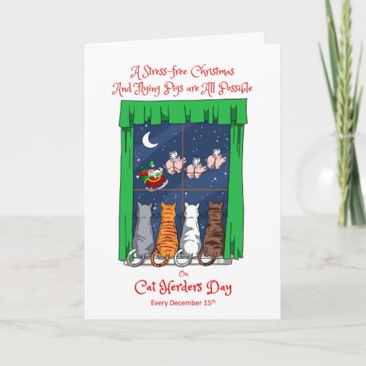 Cat Herders Day December 15 Santa with Flying Pigs Feestdagen Kaart (Voorkant)