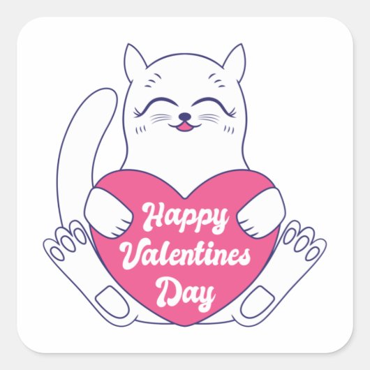 Cat Holding Heart Happy Valentines Day Vierkante Sticker (Voorkant)