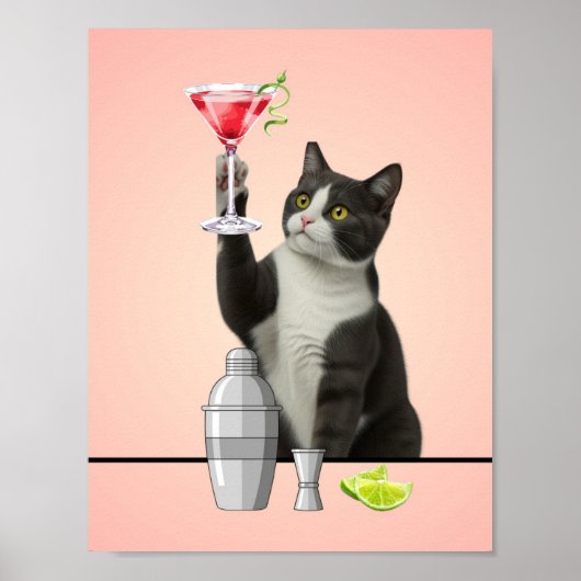 Cat holding Pink Martini Pink Background Art Poster (Voorkant)