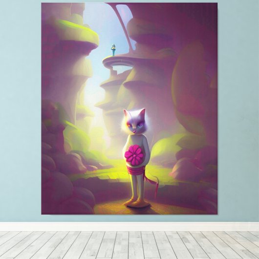 Cat Holding roze ventilator Canvas Afdruk (Insitu (Houten vloer))