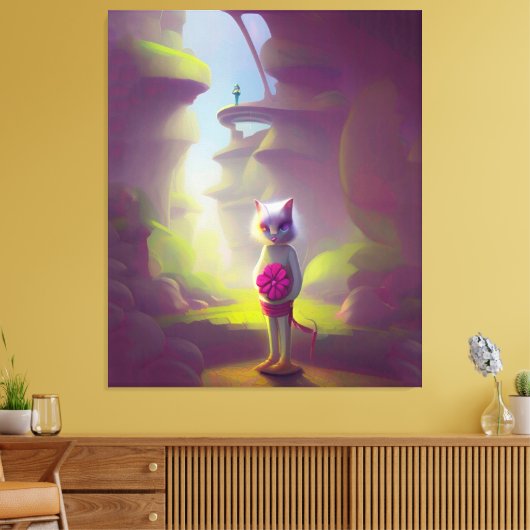 Cat Holding roze ventilator Canvas Afdruk (Insitu (Woonkamer))