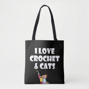 Cat I Love Crochet & Cats Embroidery Needlepoint Tote Bag