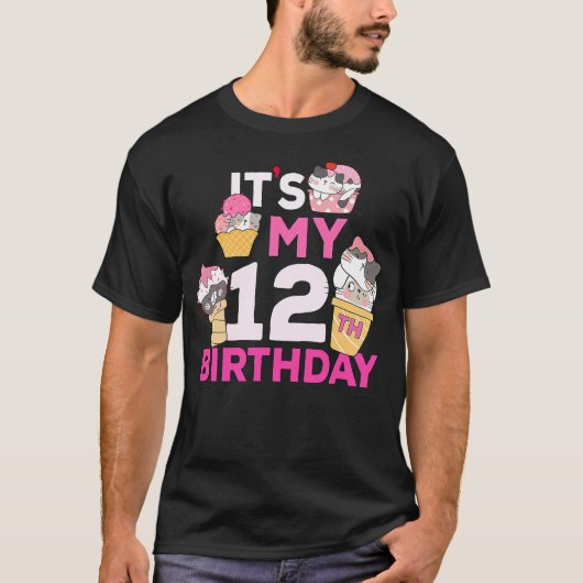 Cat Ice Cream Its My 12th Birthday 12 Year Old Gif T-shirt (Voorkant)