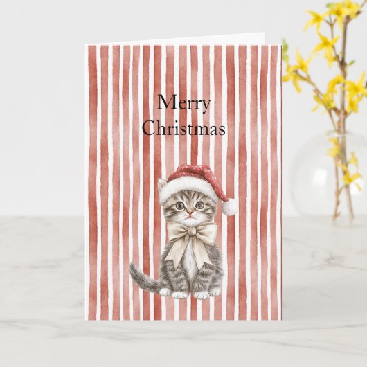 Cat in a hat Red Stripes Christmas  Kaart (Gele Bloem)
