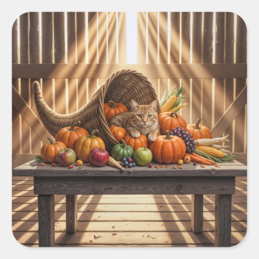 Cat In a Thanksgiving Cornucopia Vierkante Sticker (Voorkant)