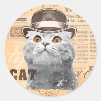 Cat in bowler hat, old classic newspaper, vintage  ronde sticker